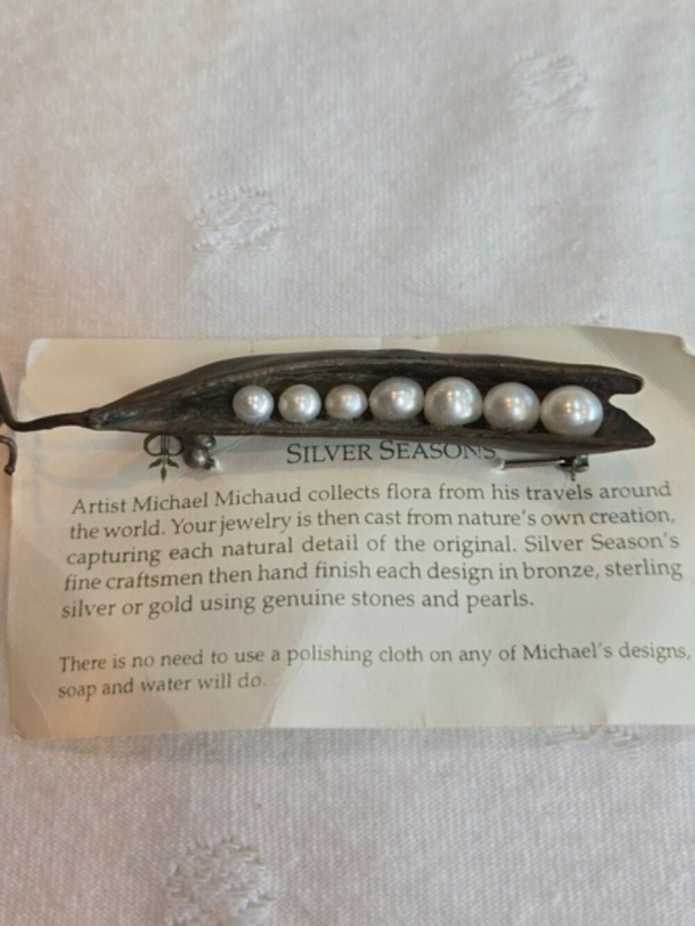 Michael Michaud Bronze Silver Seasons Peapod Brooch with Fresh Water Pearls